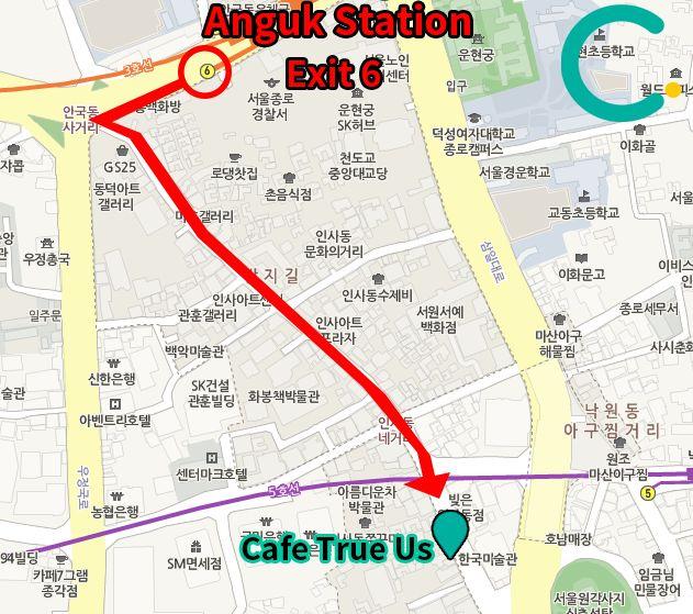 Bản đồ chỉ dẫn đường đến Cafe True Us từ ga Anguk, dành cho khách du lịch tại Insadong.